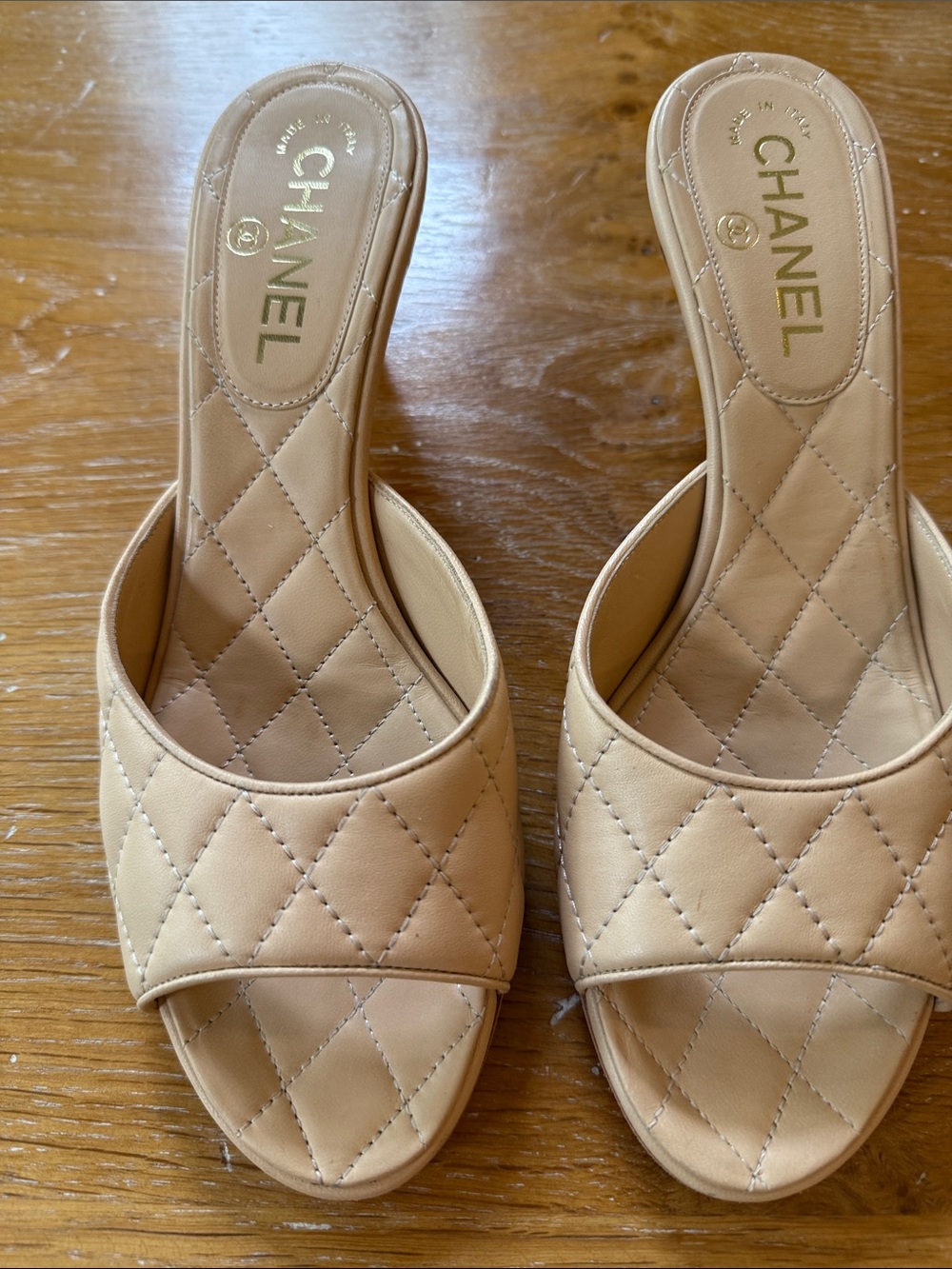 CHANEL Quilted Slide Mules in Nude Beige